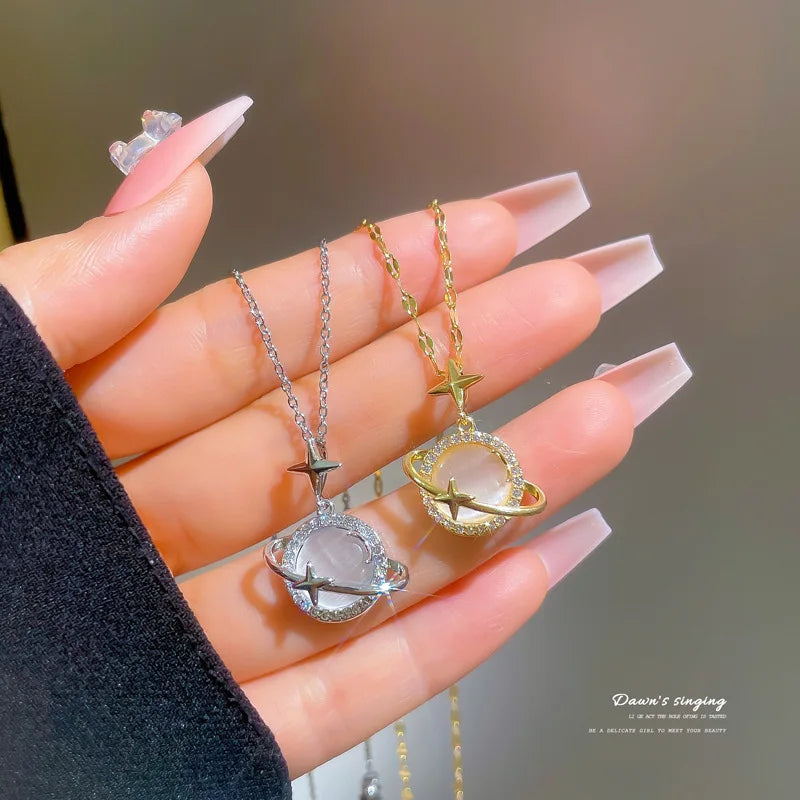 Luxury Gold Silver Plated Charm Pendant Copper Delicate Ladies Universe Collarbone Chain Ins Style Simple Cool Planet Necklace