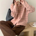 Casual Women's Fashion Cardigan with Stripes O-neck Knit Sweater Jacket Pink Coat with Gold Buttons Winter Loose Knitwear