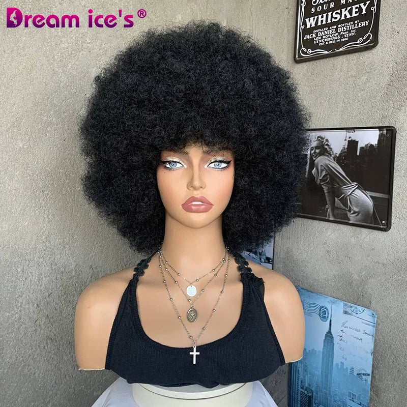 Synthetic for Ombre Glueless Cosplay Wig Short Afro Kinky Curly Bangs for Black African Women Natural Blonde Red Blue