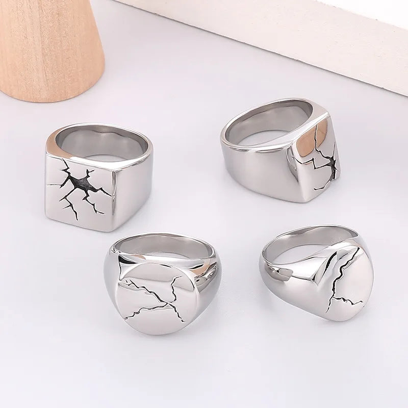 SC New Arrival Cool Stainless Steel Rings Hip Hop Silver Geometric Rings Punk Black Crack Rings for Men