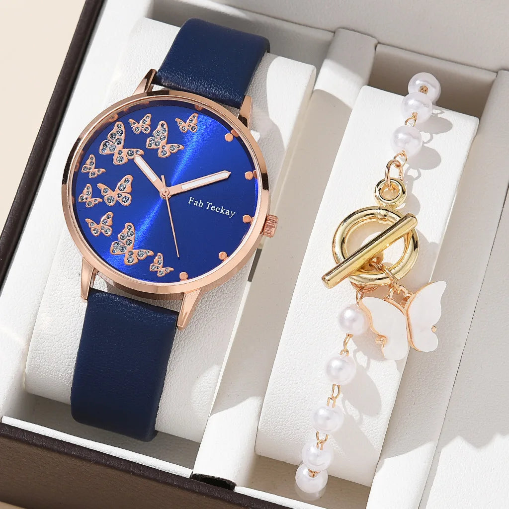 Brand Fashion Women's Temperament Belt Watch Casual Versatile Butterfly Diamond Face Quartz Watch