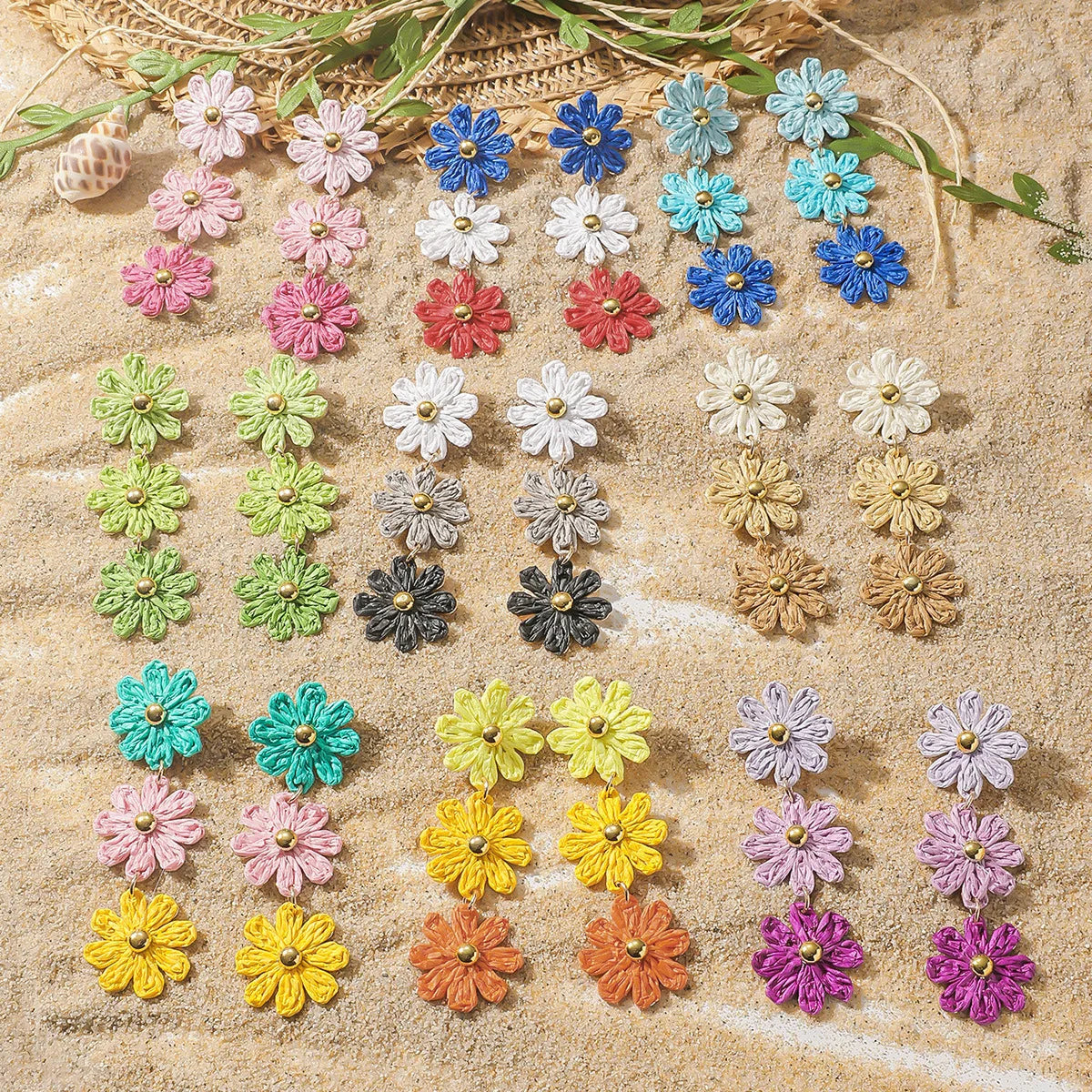 Hot Selling Summer Beach Style Flower Earrings Light Luxury High-Grade Hand-Woven Raffia Earrings for Women