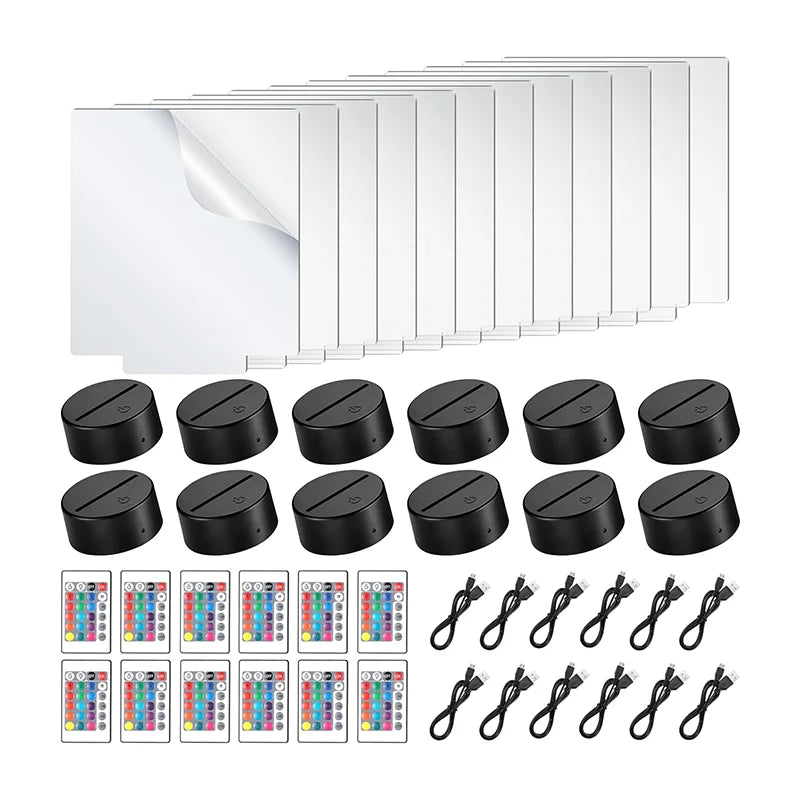 12-Piece DIY Acrylic Lamp Base Set 3D Night LED Light USB Cable Remote Control-for Restaurant Shop Room Decoration (Rectangular)