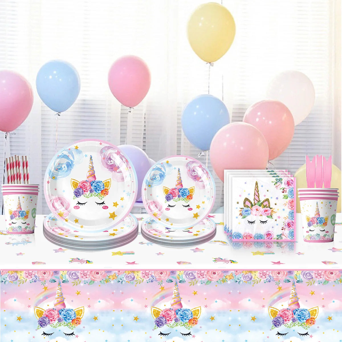 In-Stock Kit Pink Unicorn Theme Girl Birthday Party Supplies Disposable Tableware Set for Birthday Party Tableware Decorations
