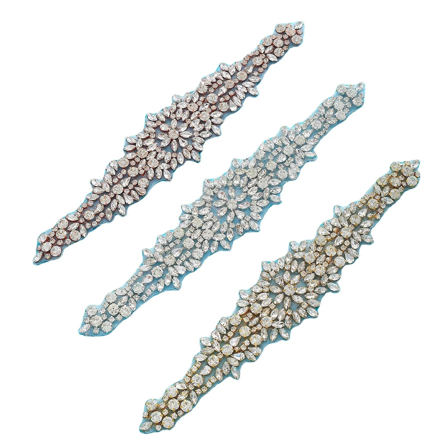 29*6cm Iron-on Luxury Crystal Rhinestone Applique Gold Silver Bottom Wedding Dress Waist Band Textile Handmade Bridal Lace Patch