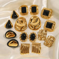 Vintage French Mixed Color Titanium Steel Ear Studs Black and Gold Stainless Steel Hoop Earrings