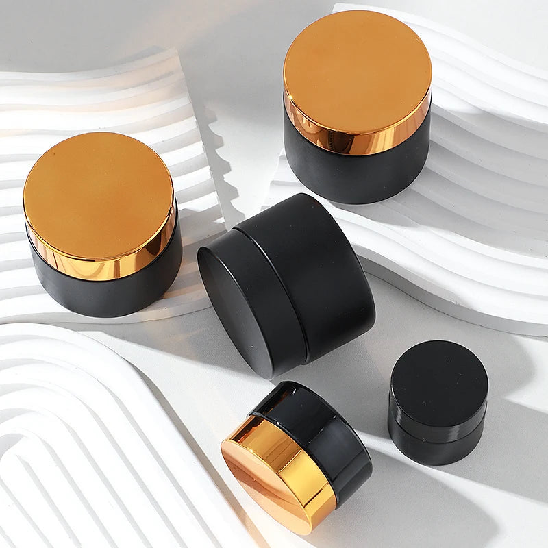 Eco Cosmetic Packing Containers Beauty 100ml 3oz Black Glass Jar Frosted Glass Cream Jar With Lid