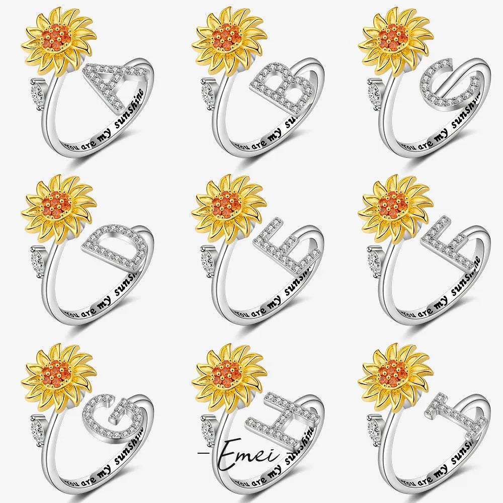 New You Are My Sunshine Rotatable Fidget Sunflower Initial Letter Spiring Ring Silvejewelryang 3 Pcs Copper Alloy Micro Insert