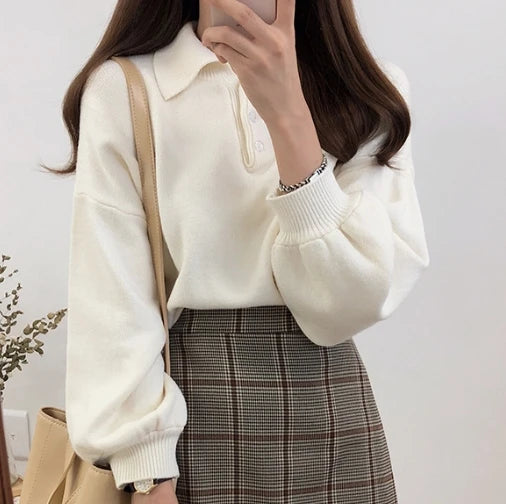 One Size Autumn New Women's Pullovers Sweater Turn-down Collar Full Lantern Sleeve Button Design Solid Korean Casual Tops