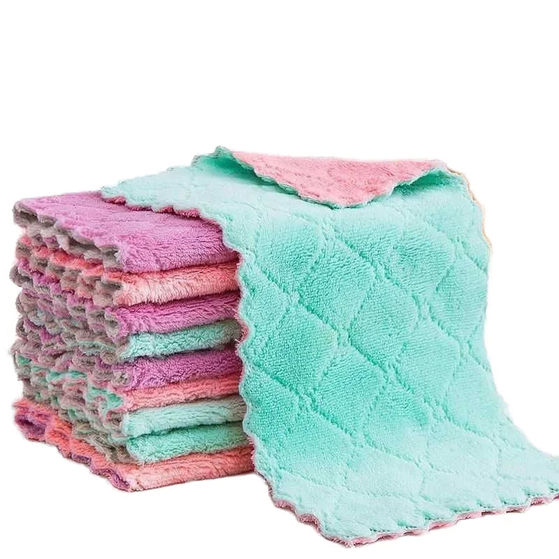 Super Absorbent Double-Layer Microfiber Towel Coral Fleece Dishcloths for Kitchen Cleaning Non-Stick Oil Scouring Rag Woven