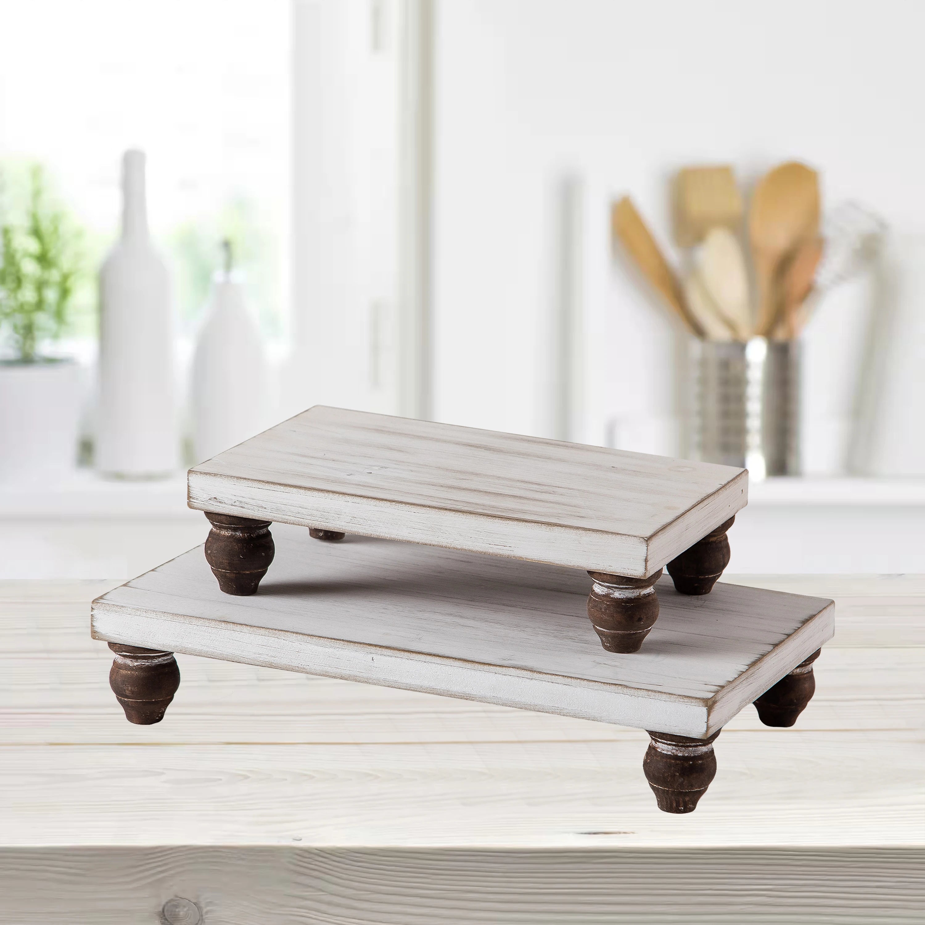 RTS Handmade Luxury Home Decoration Storage Trays Wood Riser 2 Tier Serving Tray Decor Items Washed White Rustic Wooden Riser