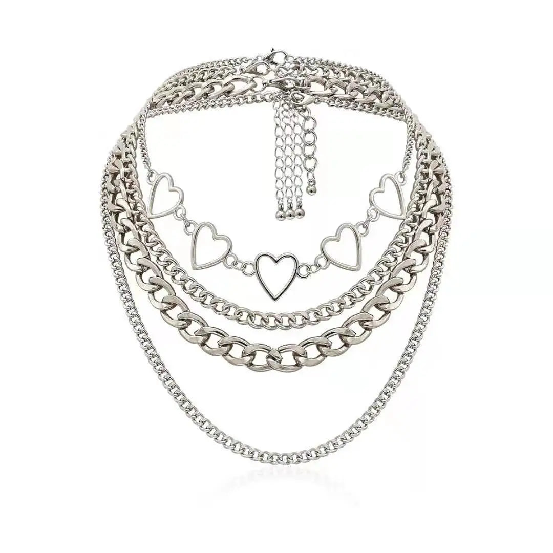 Punk Hip Hop Geometric Choker Necklace Fashion Hollow Peach Heart Gold Chain 4 Pcs Layered Necklace Set Women