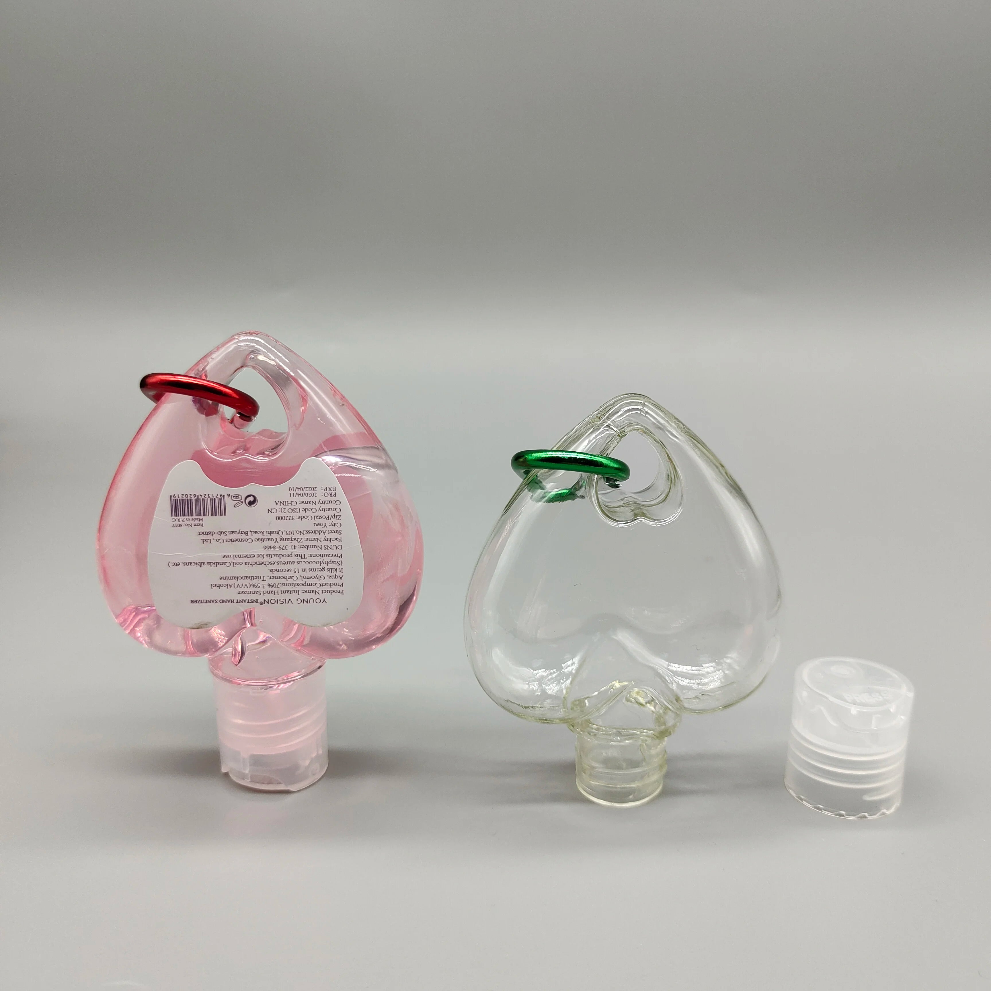 Heart Shape Design Cute 60ml Recyclable Travel Kit Plastic Bottles with Climbing Hook Pump Sprayer Screw Cap Hand Wash Packaging
