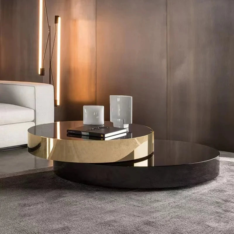 Modern Minimalist round Tea Table Black and Gold Glass Top Black Coffee Designs for Living Room Home Furniture
