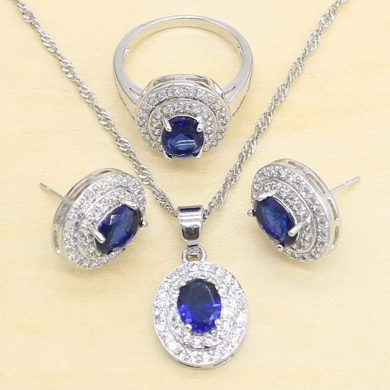 925 Sterling Silver Fashion Jewelry Set for Women Zircon Rings Pendant Necklace Earring Gift for Wedding Anniversary Engagement