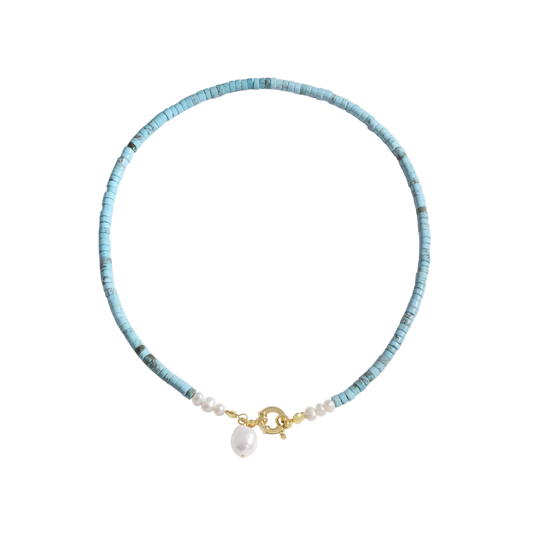 4mm Choker Sleeping Beauty Turquoise With White Freshwater Pearl 925 Sterling Silver Fine Jewelry