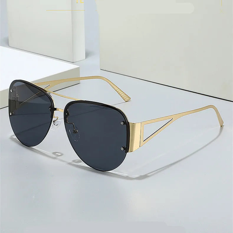 Custom Logo  Fashion Vintage Men Big Half Frame Driving Sun Glasses UV400 Gradient Shades Metal Pilot Sunglasses Women