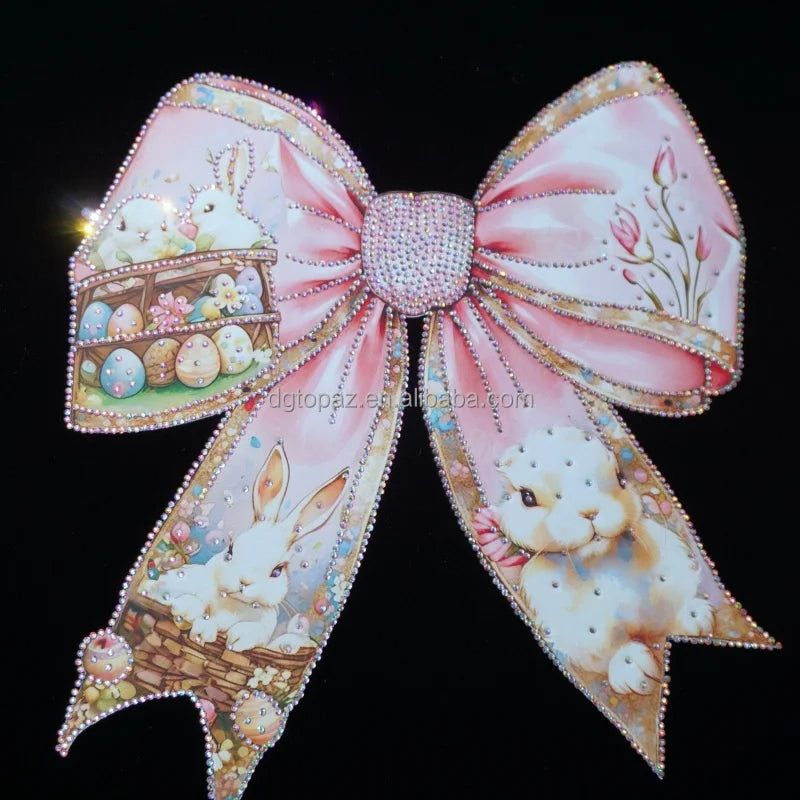 New Arrival Eco-Friendly Topaz Cute Big pink Bow Tie Rhinestone Dtf Hot Fix Iron on Christmas Women Clothing Bag Heat Transfer