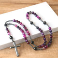 Rosary Cross Necklace for Men Jewelry Natural Purple Striped Agate Beads Christ Catholic Meditation Jewelry Cross Pendant
