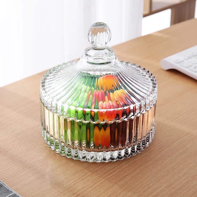 Wholesale Luxury Wide Mouth Yurt Stripe Shape Bright Large Size  Glass Candy Jar With Lid