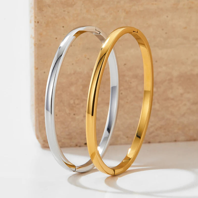 18K Gold Plated Bold Bangle Bracelets 4mm Glossy 304/316L Stainless Steel Waterproof Unisex Trendy Best Fashion Gift