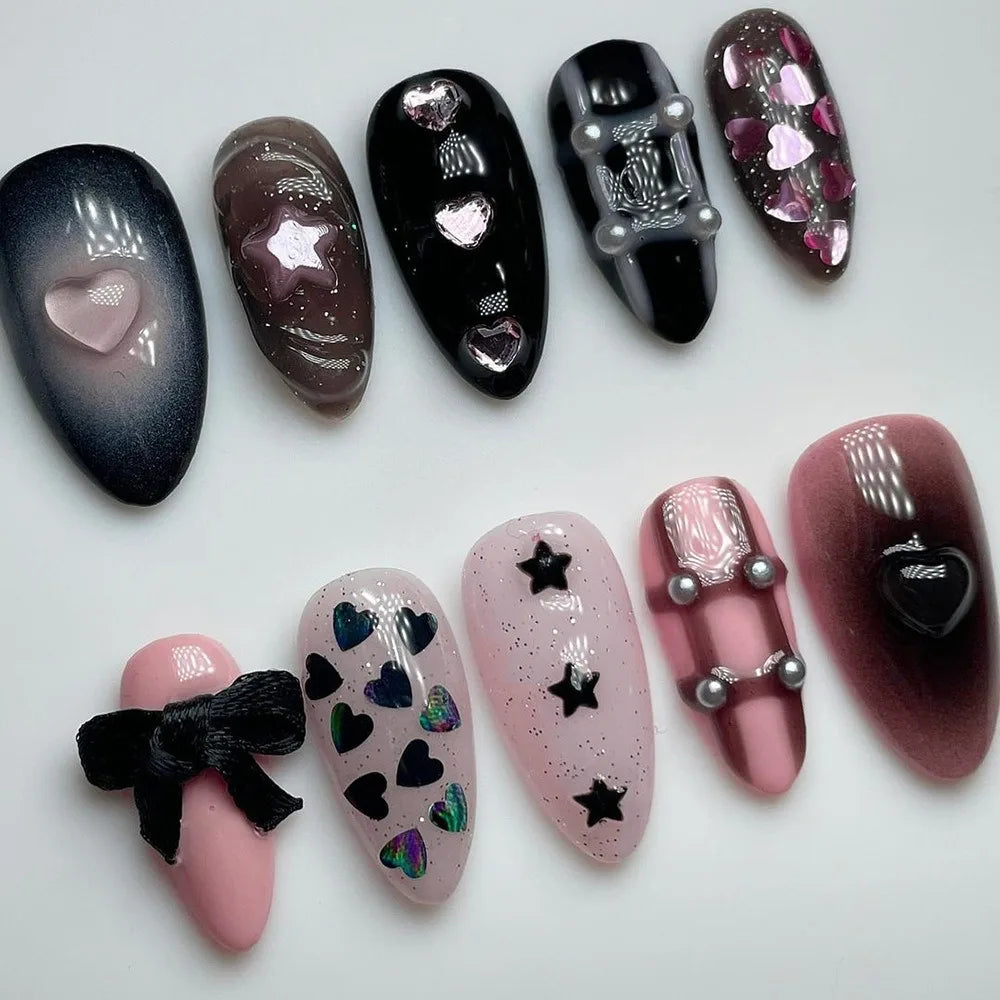 24 Pcs/set Heart Ombre Almond-shaped Bow and Star Nail Art Press on Nails Wholesale 3248