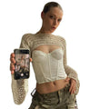 Women Y2k Crochet Knit Hollow Out Crop Top Long Flared Sleeve Shrug Sweater Mesh Cover Ups Cardigan Streetwear Pullover Women