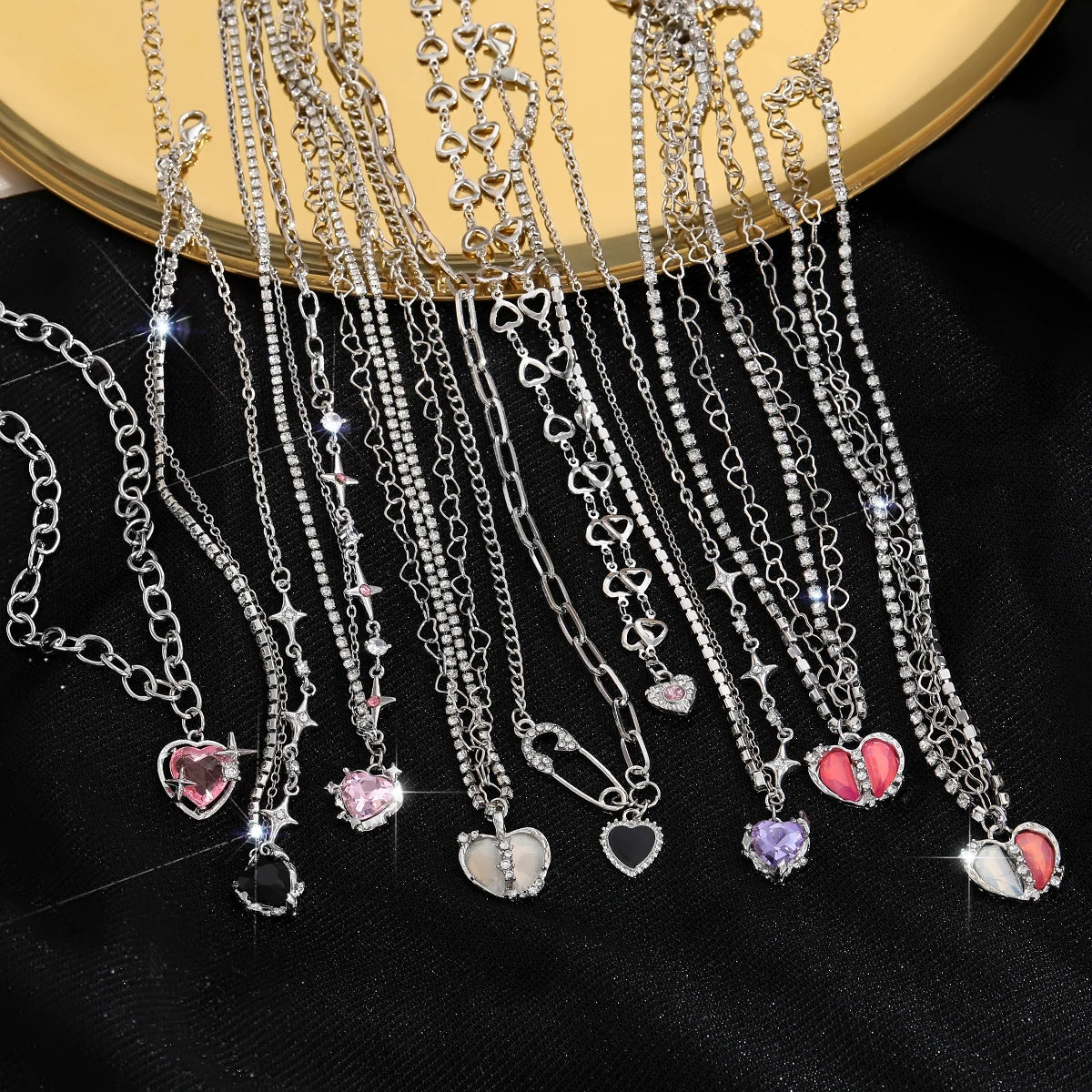 Fashion Y2K Style Colorful Love Pink Zircon Rhinestone Black Heart Pendant Necklace