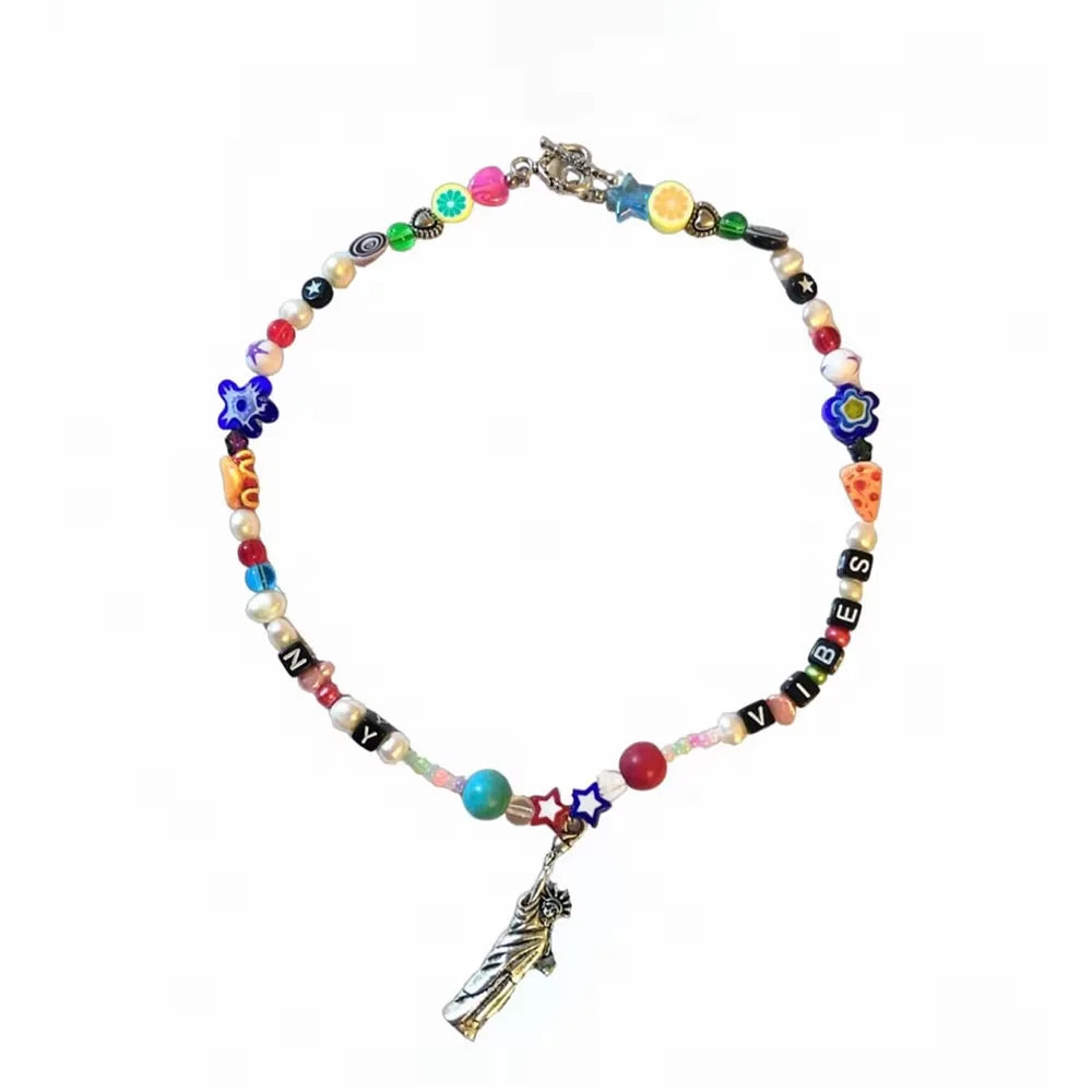 Female Fashion Irregular Couple Candy Diy Color Pearl Plastic Simple Pendant Letter Beaded Design Beaded Necklaces for Wom