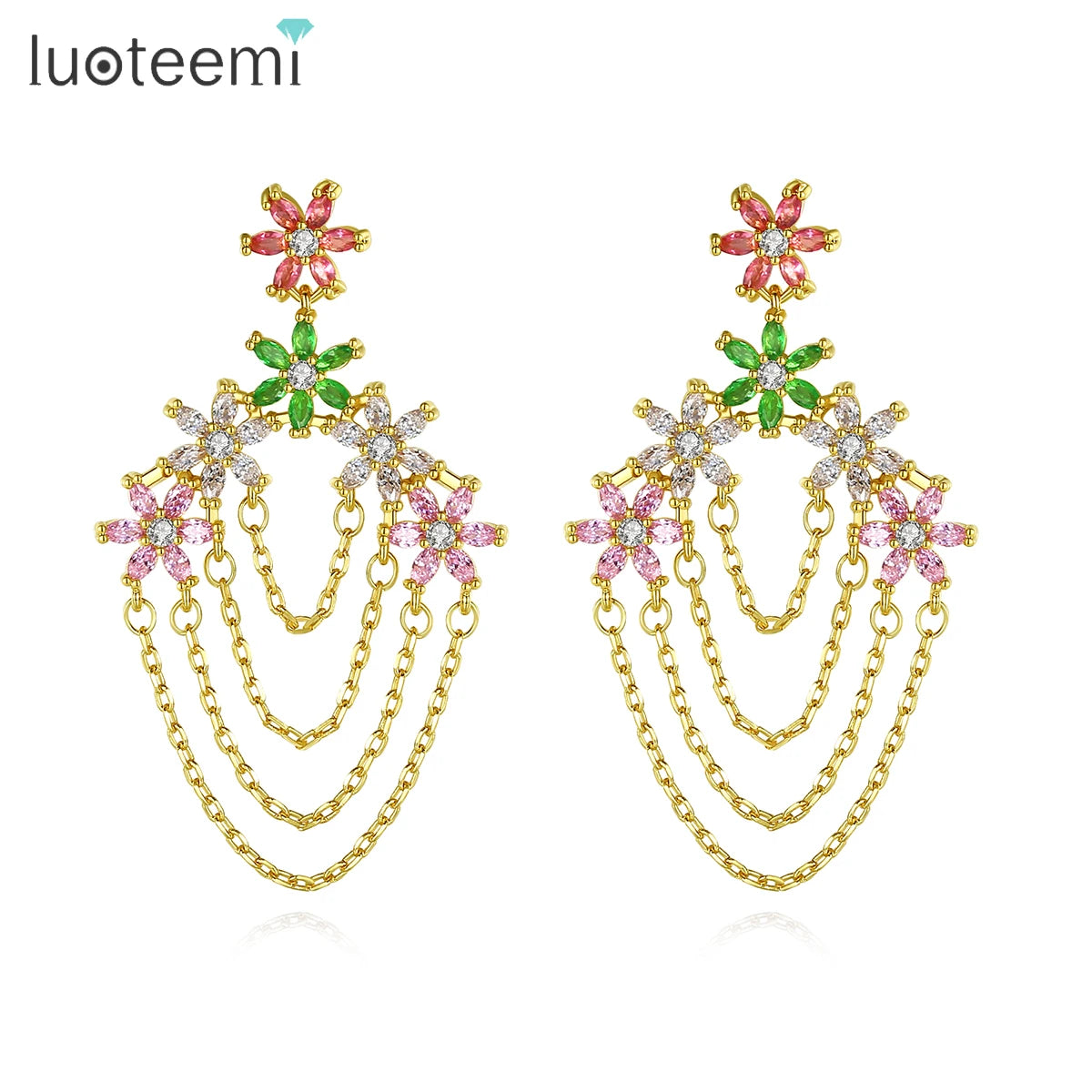 LUOTEEMI Fashionable Rainbow Bling Earrings for Women Colorful Flower Drop Earring Jewelry