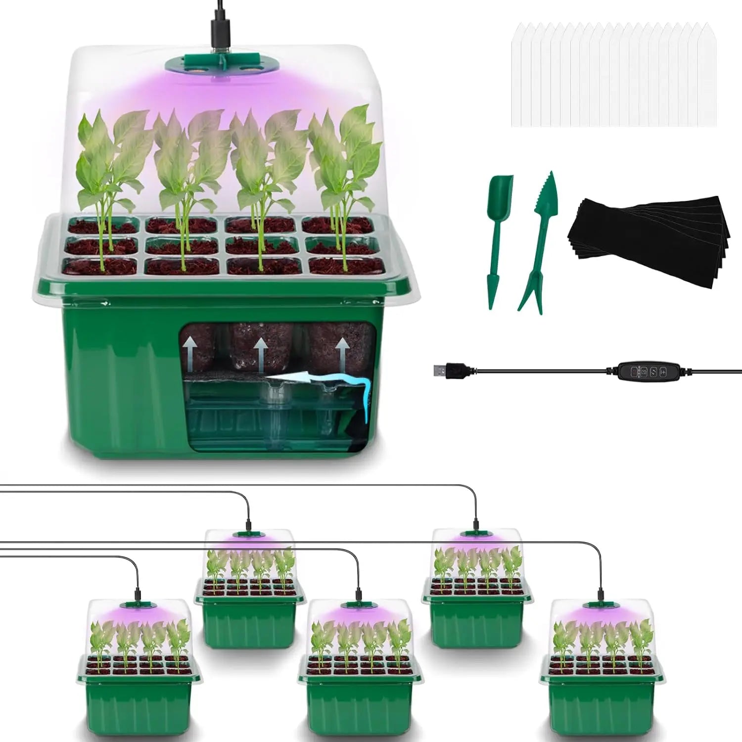 Reusable Plastic 6 Pack 72 Cell Seed Starter Tray Kit with Grow Light Humidity Dome Seedling Tray Plant Grow Tray