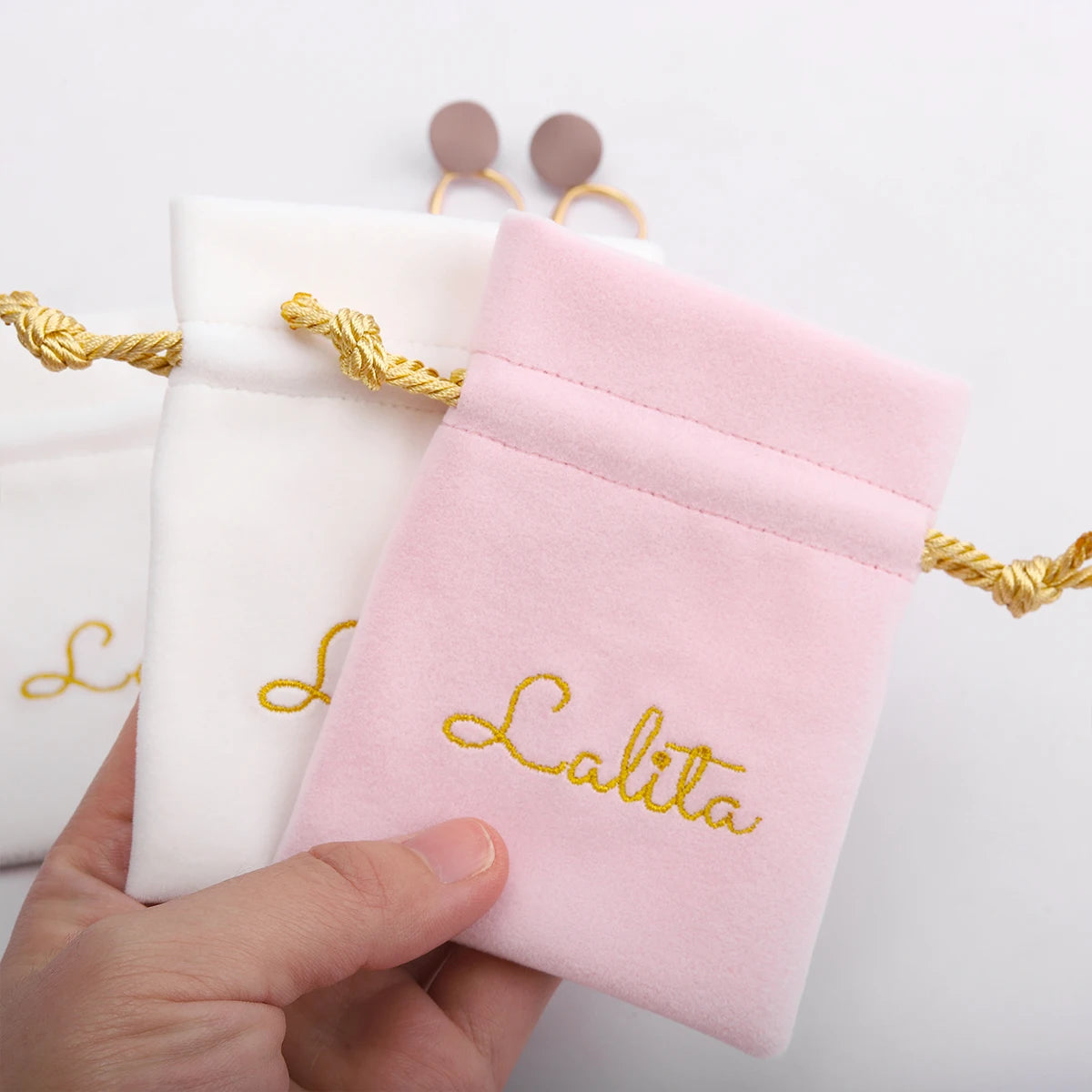 Custom Logo Printed Luxury Pink Gift Velvet Drawstring Pouch Cosmetic Bag with Pink Velvet Luxury Drawstring Bag