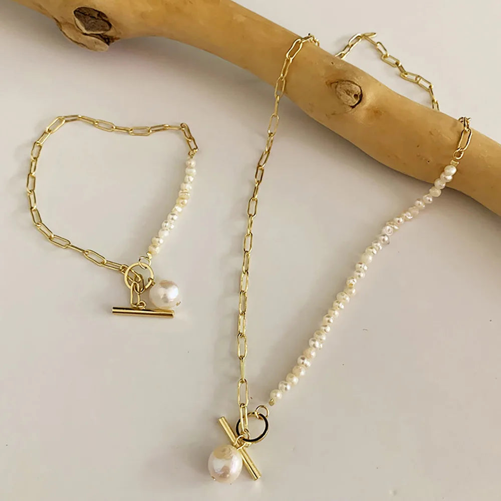 Women Fashion Jewelry Set Gold Plated Irregular Natural Freshwater Pearl Chain Necklace and Bracelet