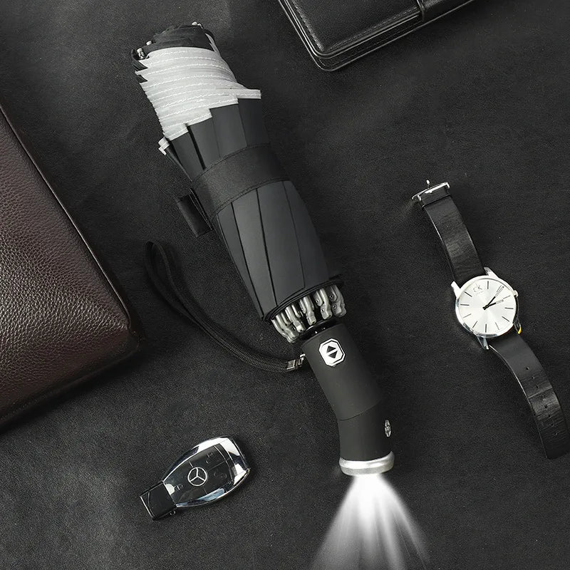12K Windproof Automatic Reverse Umbrella with LED Flashlight Safety Reflective Strip Tri-Fold Smart Business Gift
