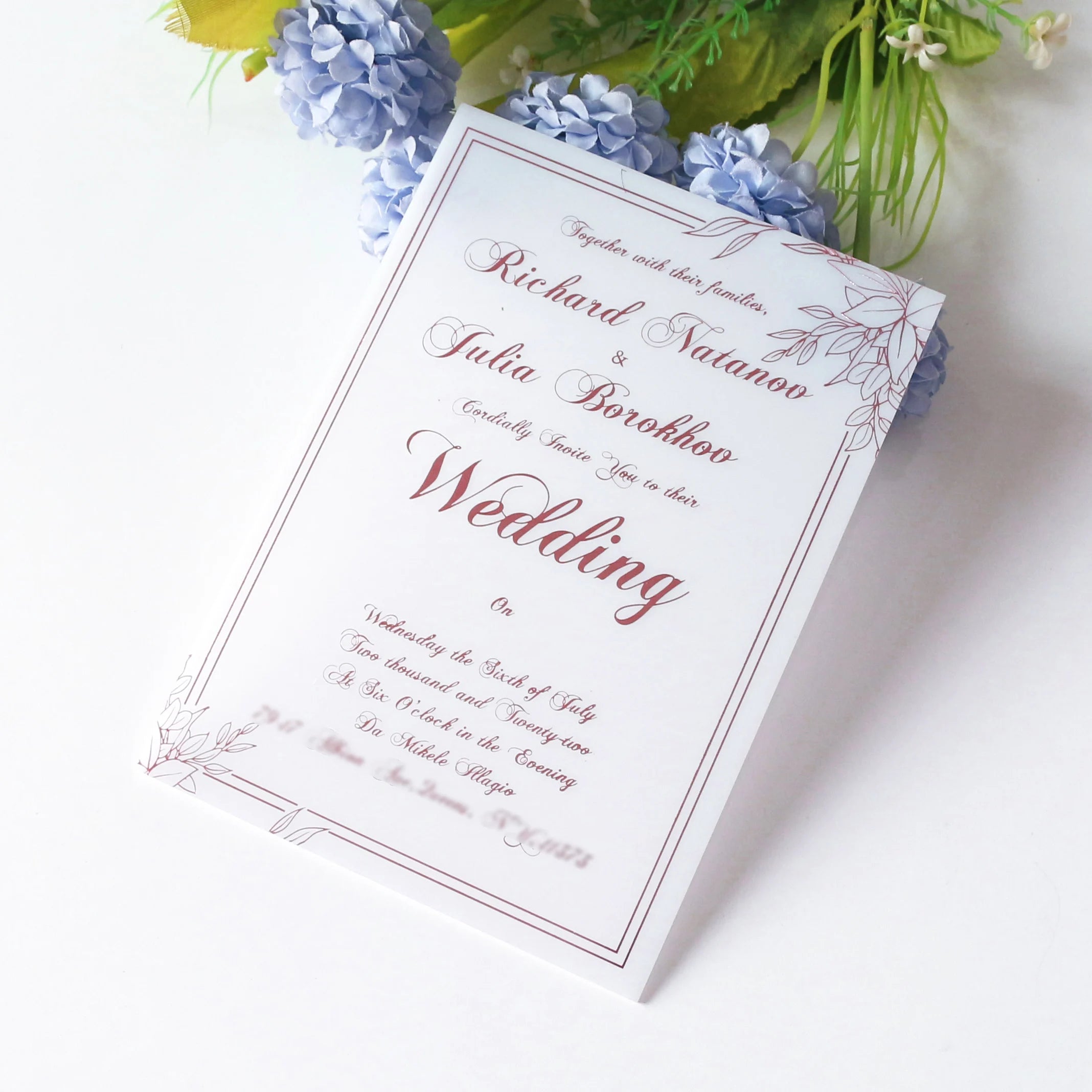 Custom 5X7 Inches Luxury Rose Gold Foil Wedding Invitation Cards White Acrylic with Envelope Music Style Paper Material