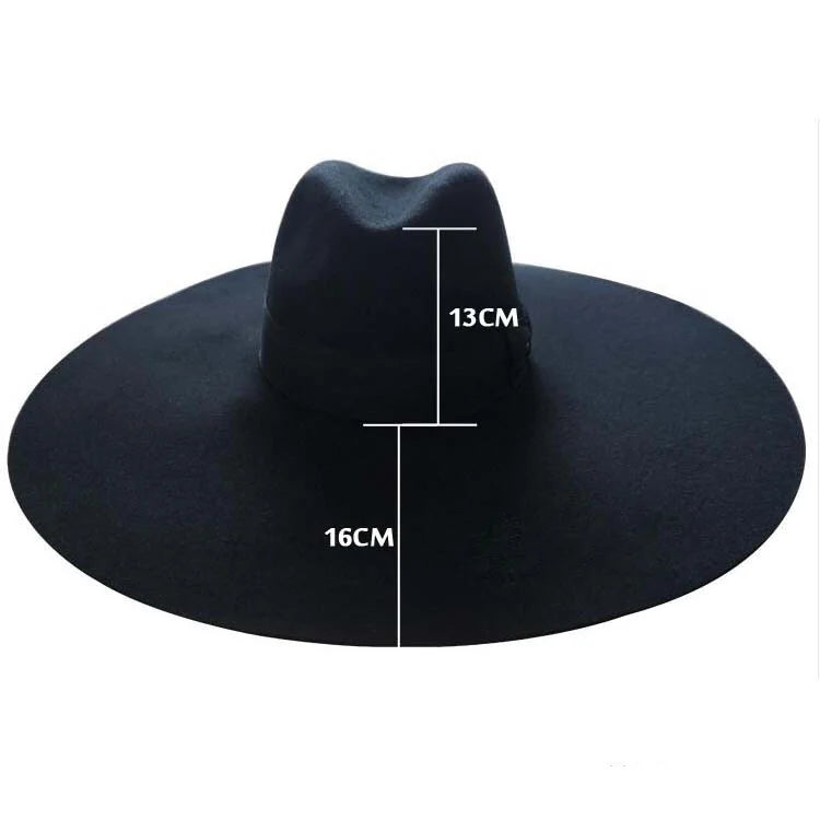 Wool Felt Fashion Oversized Big Brim Black Stiff Floppy 16CM Wide Brim Fedora Hat for Ladies Women Show Party Events