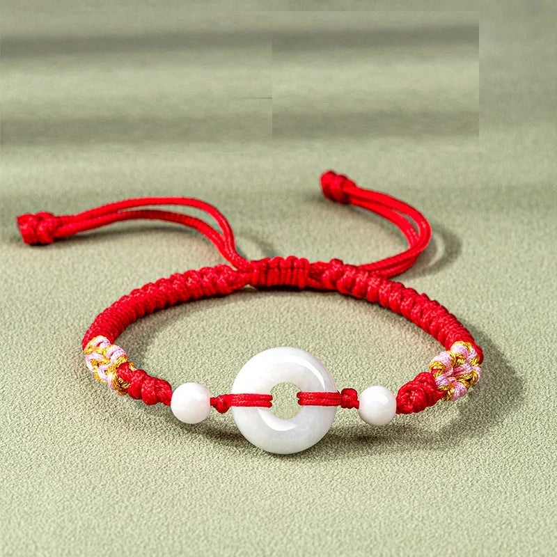Jadeite Peach Blossom Hand Woven Braided Rope Bracelet for Women Chinese Style Gemstone Jadeite Jade Donut Charm Bracelet