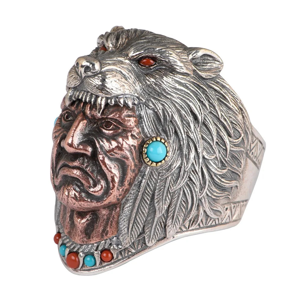 925 Silver Indian Rings for Men Vintage Retro Type Wolf Head Satan Engraved Red Onyx and Turquoise Stone Setting