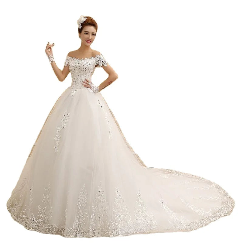 New Modern Lace Strapless Crystal Diamond Embroidery Draped One-shoulder Long Train Wedding Dresses with Floral Appliques