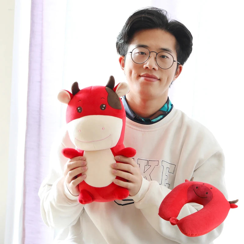 Personalized Convertible Soft Plush Cattle Toy Travel Neck Massage Pillow Custom OEM Cute Kids Animal 2 1 Microbeads Filling U MegaBDM