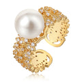 2024 New Gold and Silver Metal With Diamonds Wide Opening Adjustable Pearl Rings Female Jewelry Factory Customized