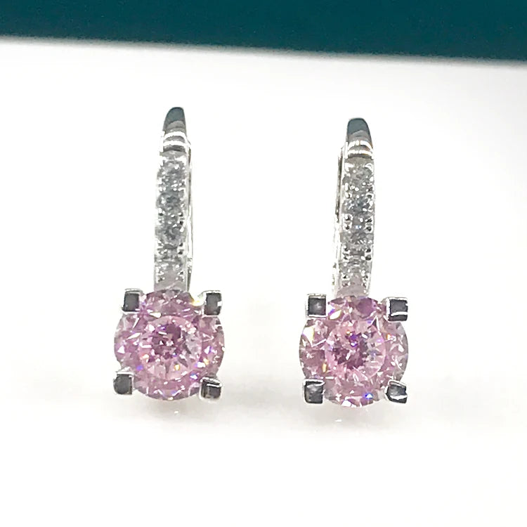 Fashion Jewelry 925 Silver Earrings Women Pink Stone Earrings Inlay CZ Cubic Zirconia Hoop Earrings
