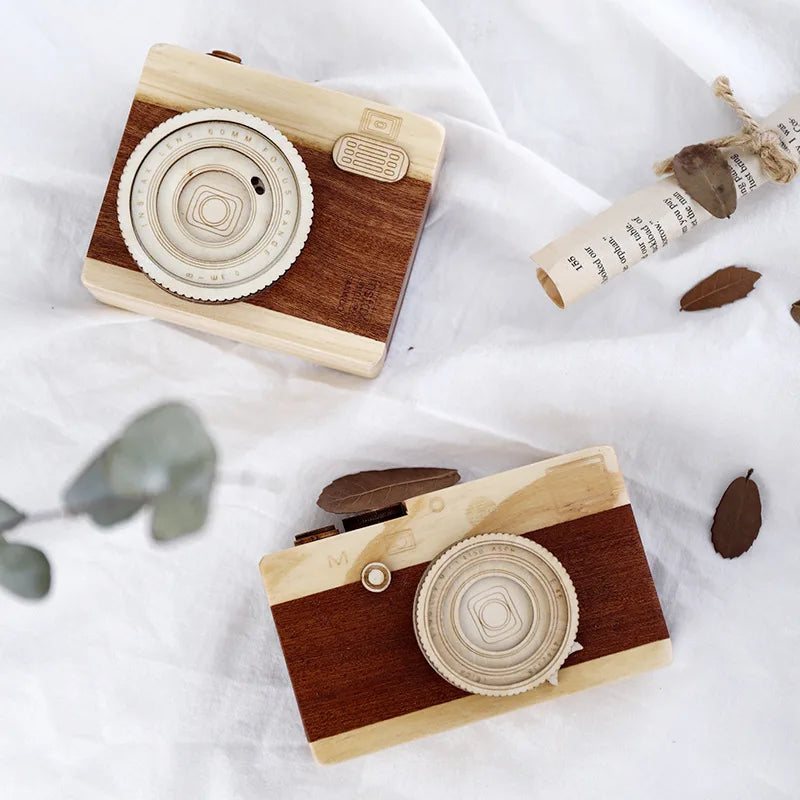 Custom Logo Retro Camera Style Wooden Music Box Unique Design Christmas Gift Toy