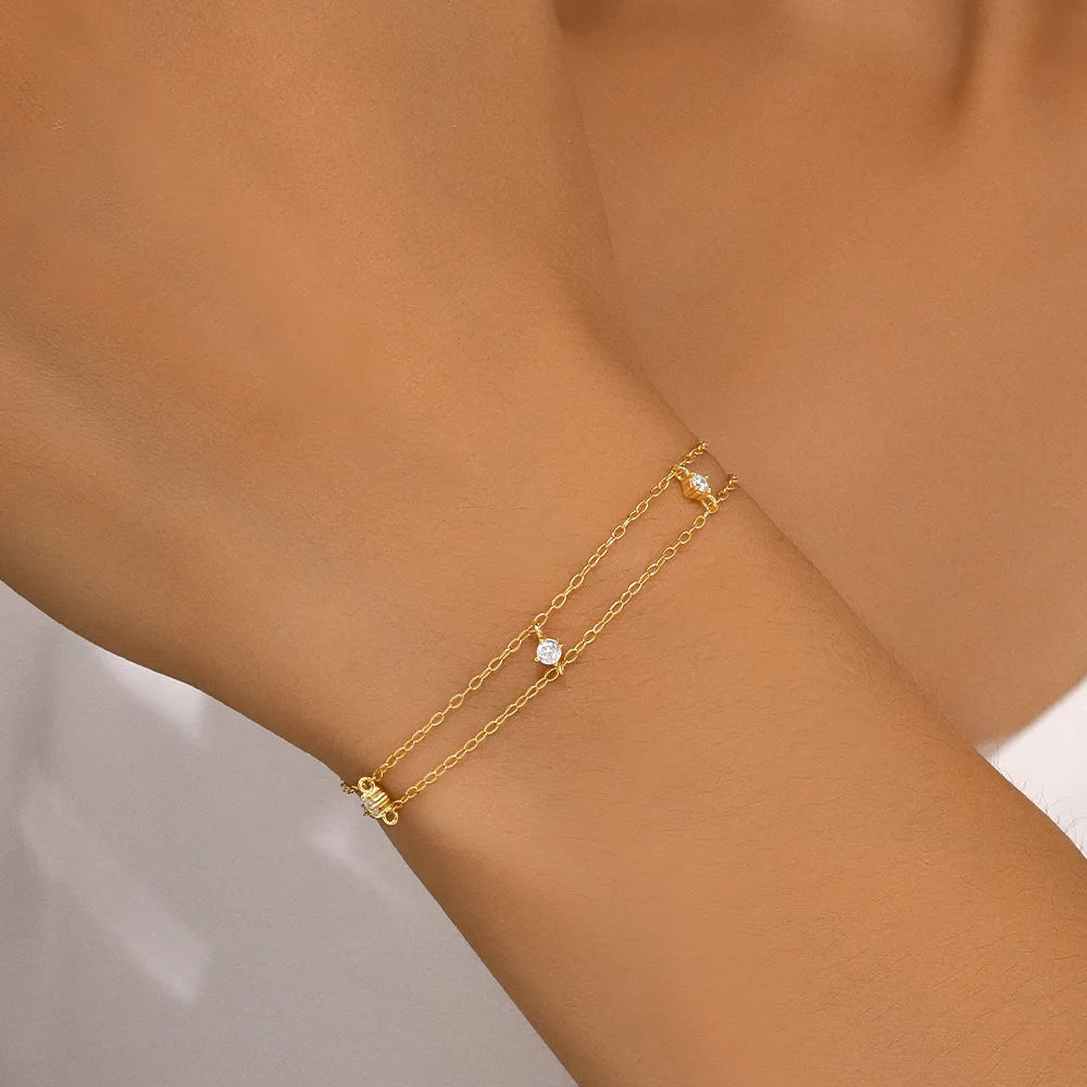 Fine Jewelry 925 Sterling Silver Double Layer Zircon Chain Bracelet for Women 18K Gold Plated 925 Silver Bracelet Hand Jewelry