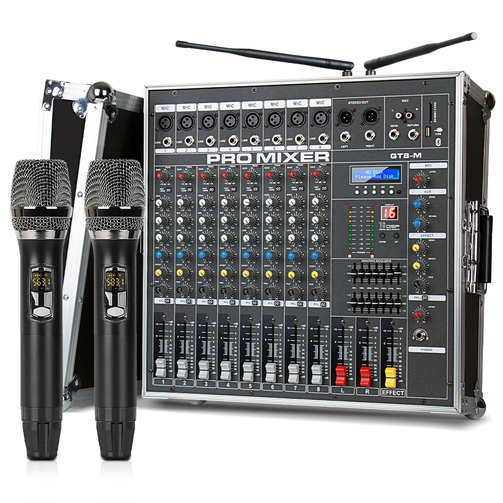 Biner GT8M Professional 8 Channel Audio Power Amplifier  with Two Wireless Microphones for Stage Wedding Powered Audio Mixer