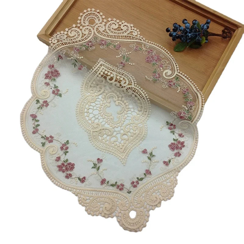 European Oval Embroidered Lace Fabric Transparent Placemat Coaster Coffee Table Mat Kitchen Cover Cloth Christmas Decoration