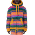 Custom OEM & ODM Mohair Men Sweater Fuzzy Long Sleeve Knitwear Winter Striped Zip-up Hooded Knitted Men Cardigan Sweater