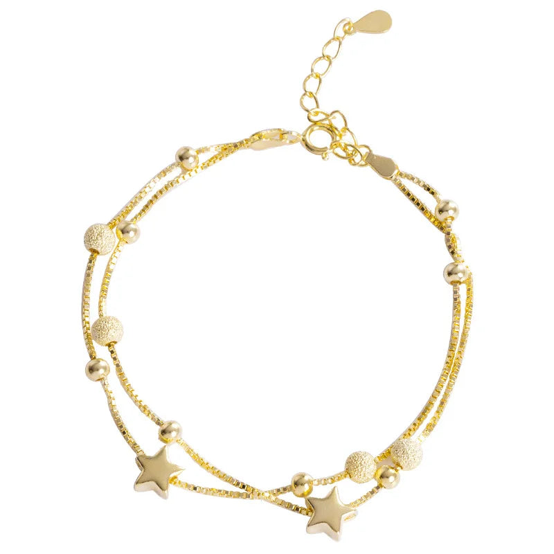 Fashion 925 Sterling Silver Double Layer Five-pointed Star with a Ball Gold Plated Bracelet Jewelry for Women Girls