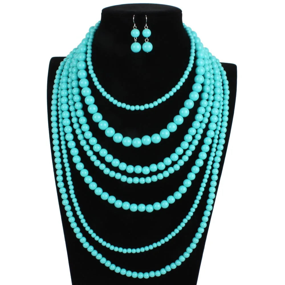 T7030 Hot Sale Fashion Multi Layer Beads Jewelry Set Women Beads Necklace Earrings Set