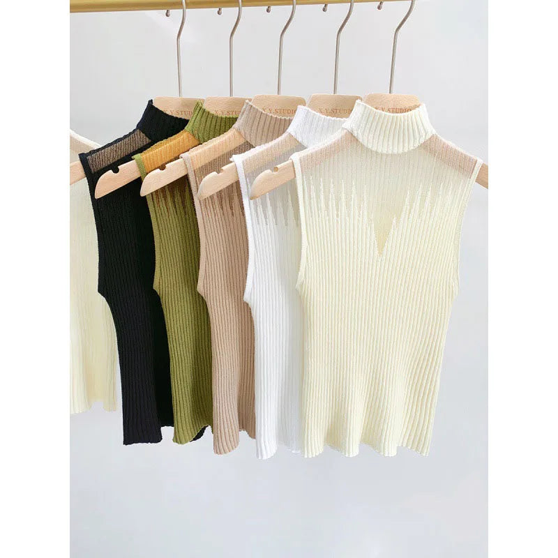 RNSHANGER Women Slim Knitted Vests Summer Female Turtleneck Sleeveless Solid Stretch Camis Tank Tops Fashion Sweaters Vests